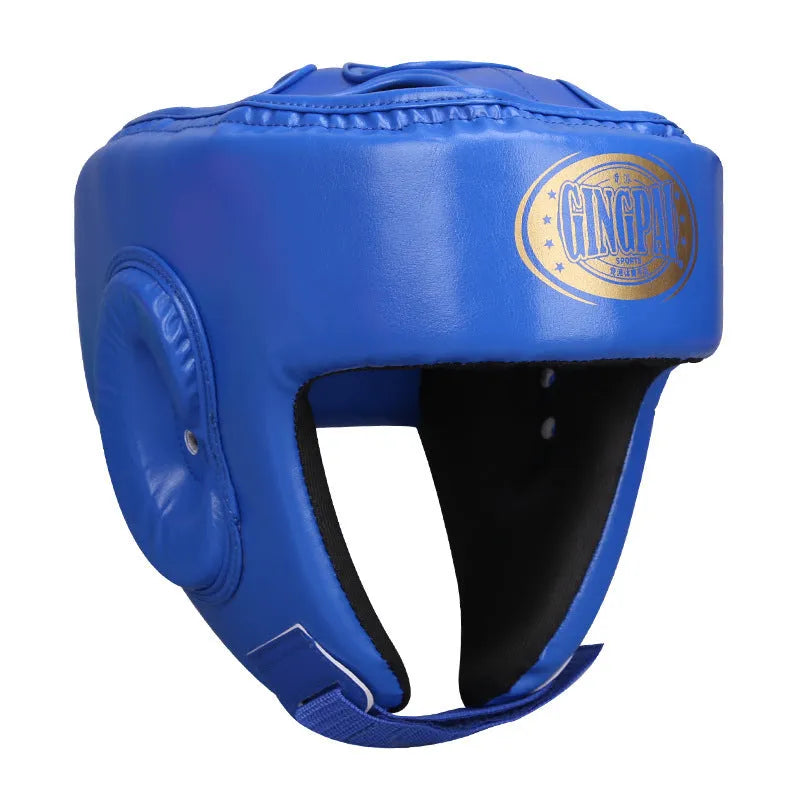 Red fully enclosed boxing helmet with jaw protection and vertical ventilation channels