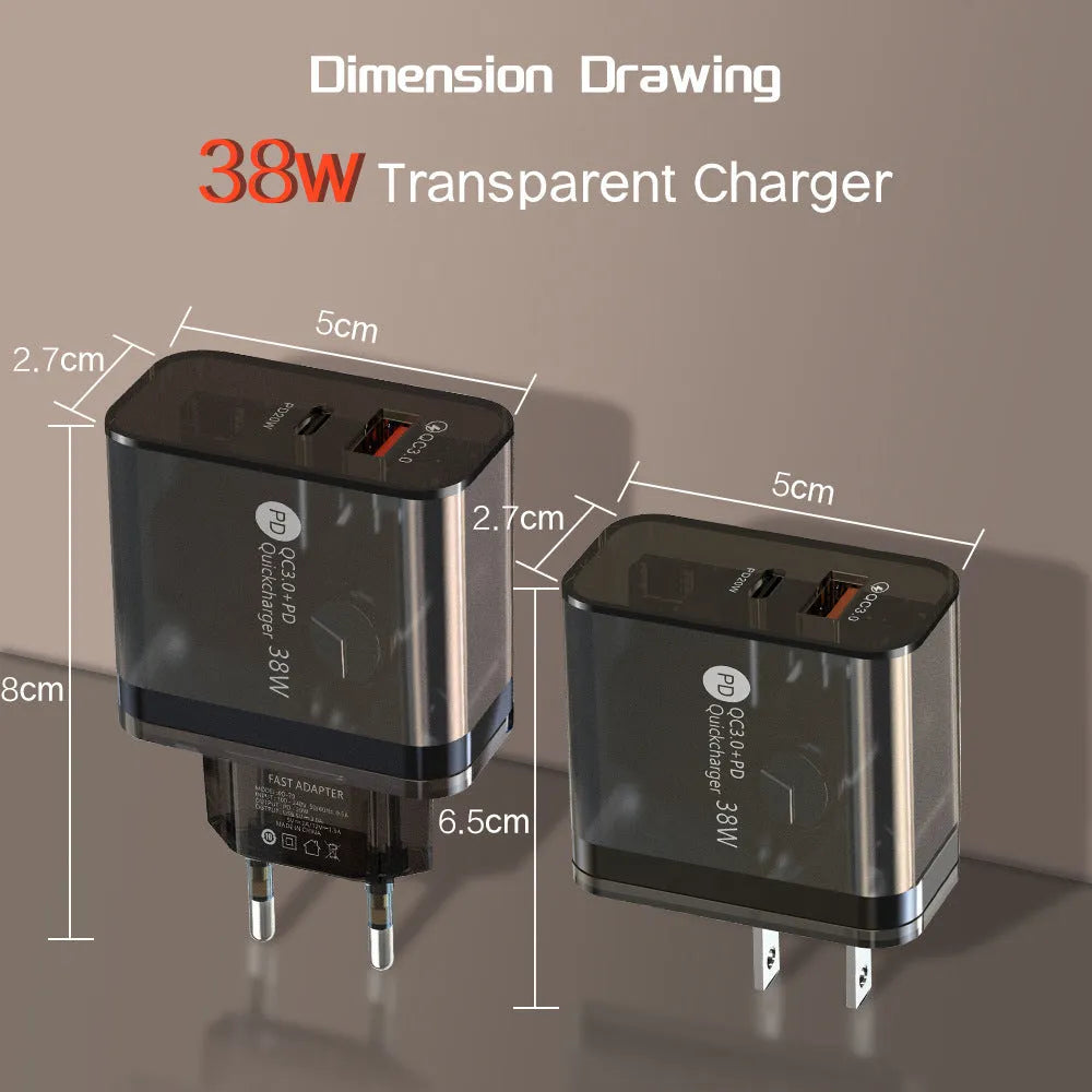 38W transparent charging adapter with TYPE-C port, EU round and US flat plug heads visible