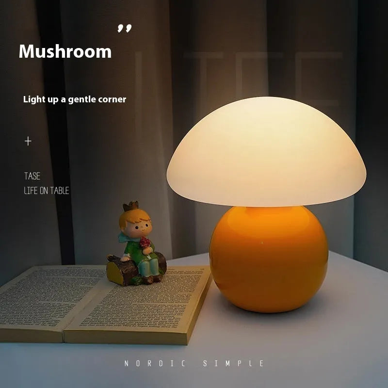 USB ceramic cream mushroom bedside table lamp with remote control in cream finish