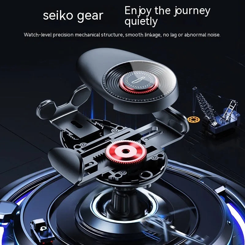 Black universal car phone bracket clipped to car air vent holding smartphone