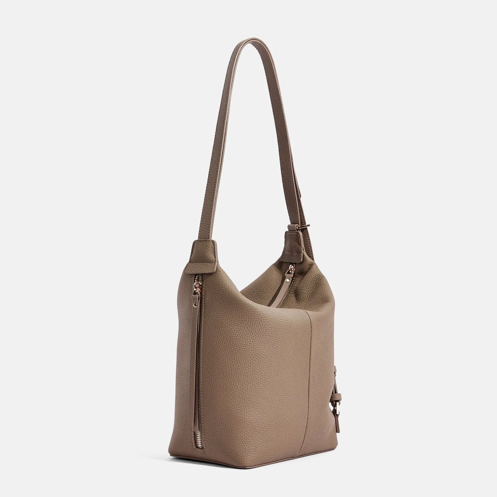 Women's soft genuine leather bucket shoulder bag in elephant grey colour showing casual style and large capacity