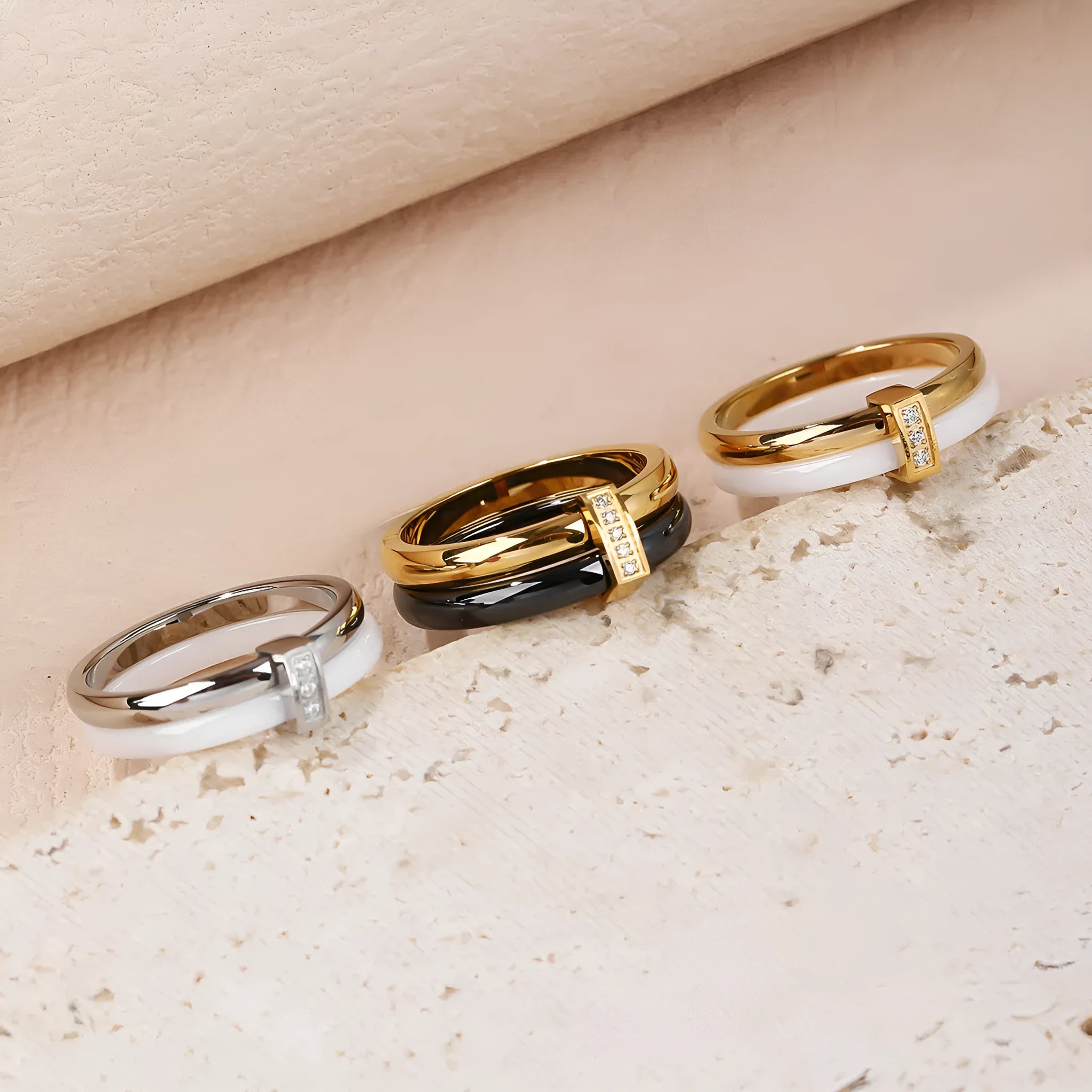 Women's titanium steel heart-shaped double ring with zirconium stones in three metallic colour options