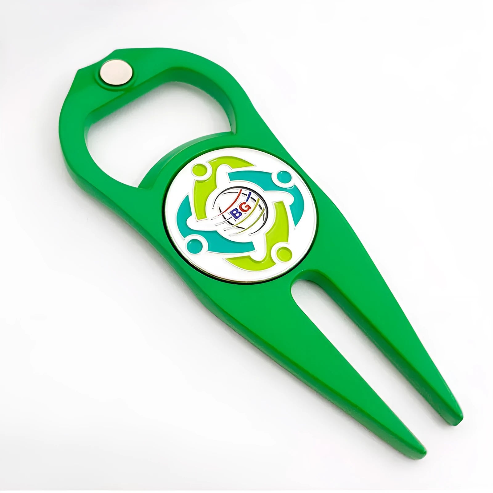 Zinc alloy golf ball yoke bottle opener tool with silver coin marker in black green or silver