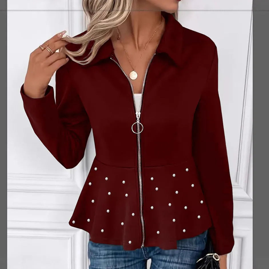 Women's loose-fit coat with beaded zipper and ruffled hem in dark red solid colour