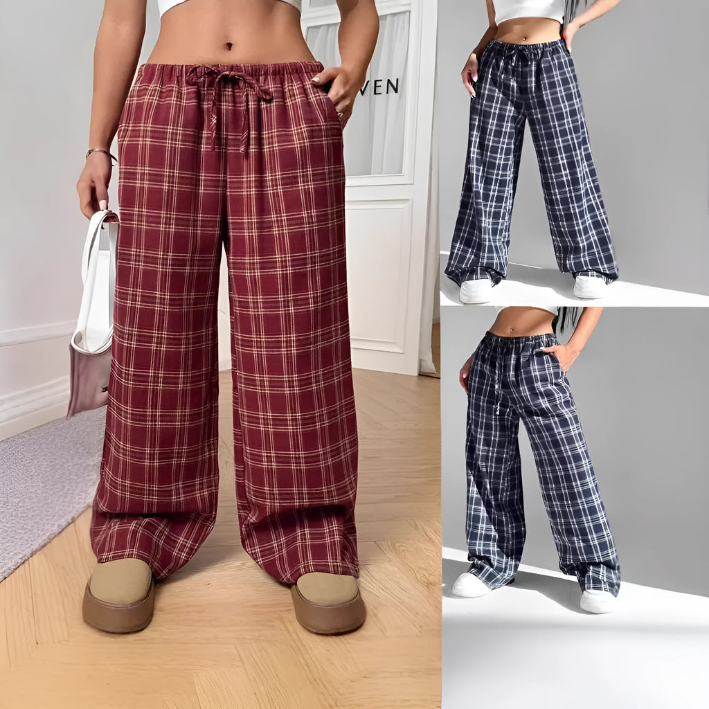 Women's loose plaid trousers with drawstring waist and side pockets in red or blue colour options