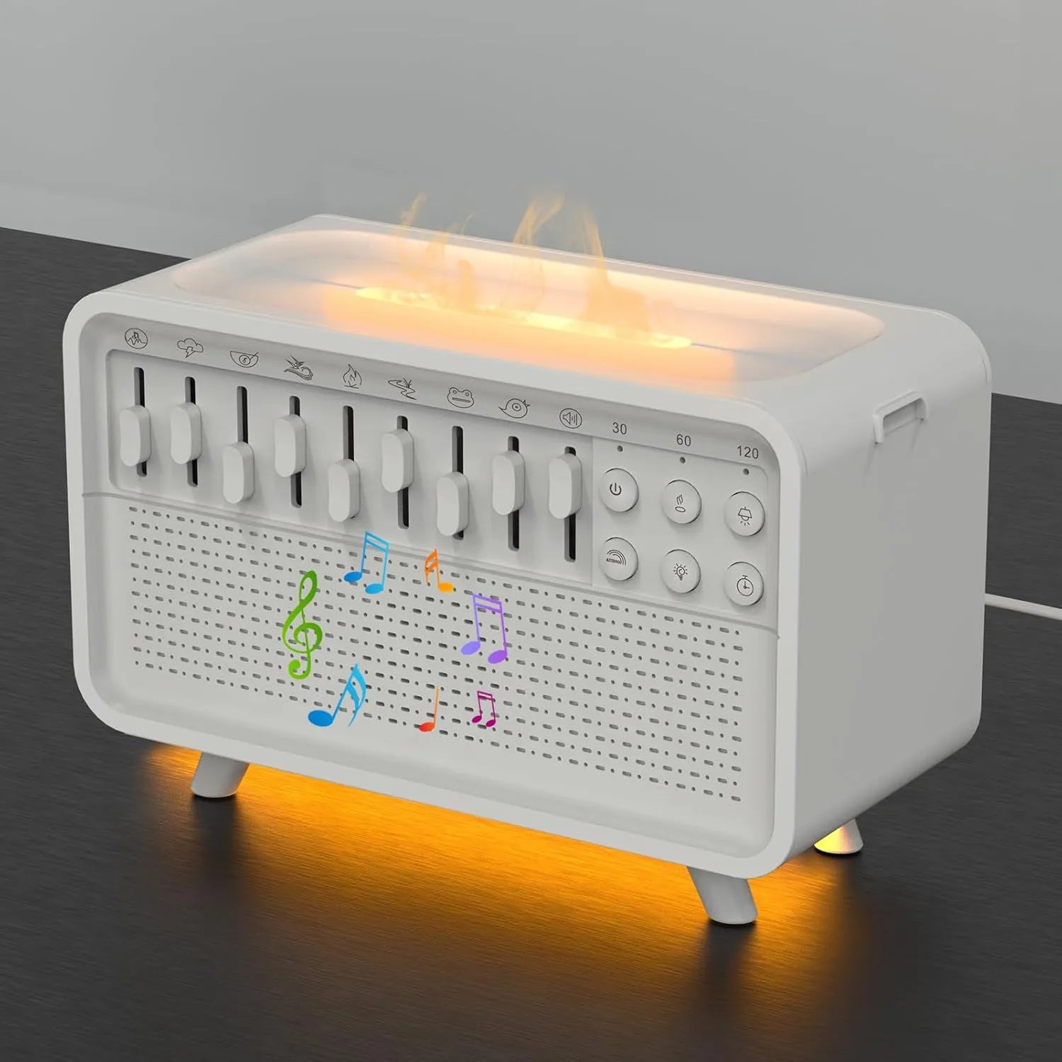 White geometric all-in-one Bluetooth speaker, humidifier, white noise machine and night light on a surface.