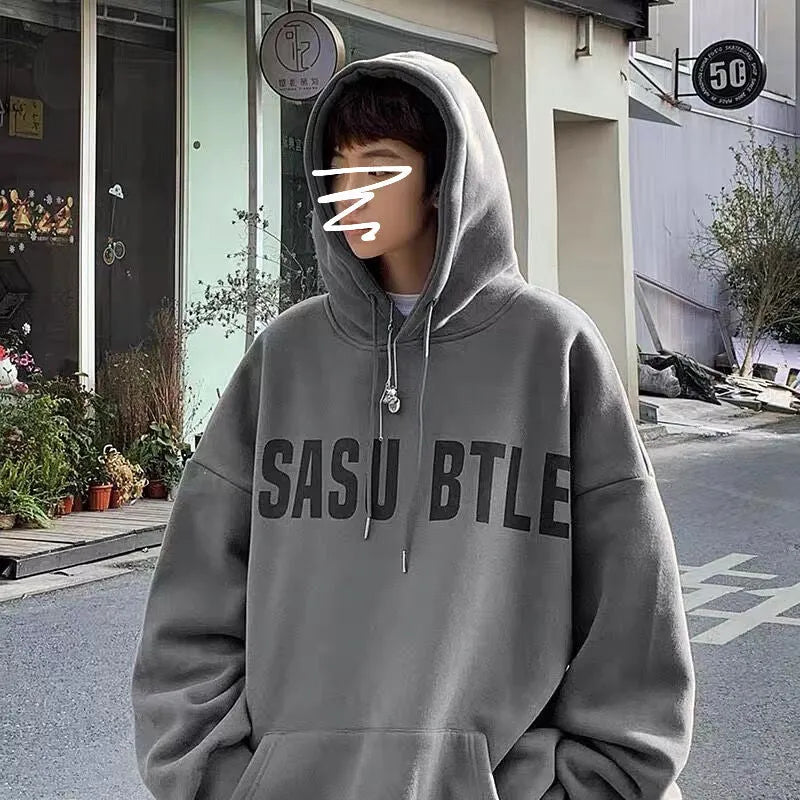 Men's loose fit hooded sweater in khaki, polyester, long sleeves, topstitching pocket