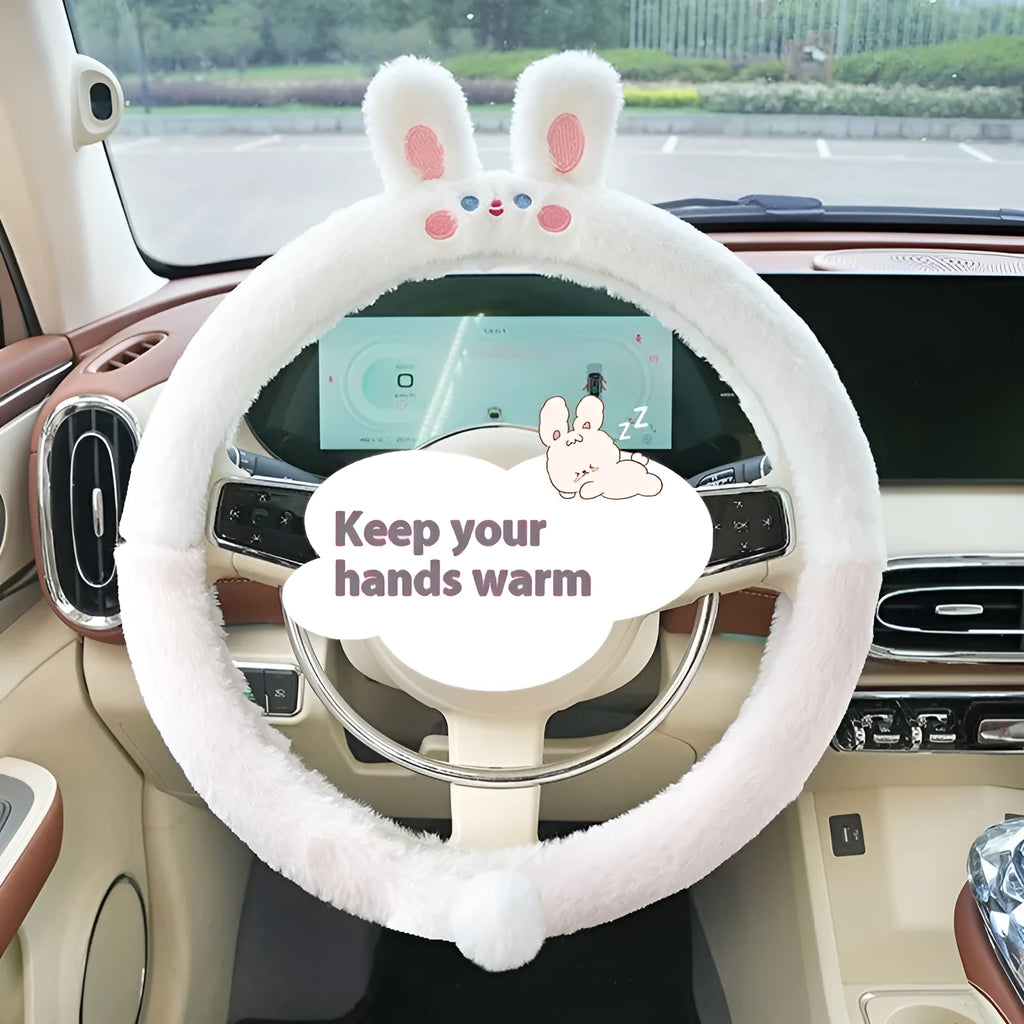 Plush thermal car steering wheel cover with embroidered cartoon panda design, shown fitted on a 38cm wheel.