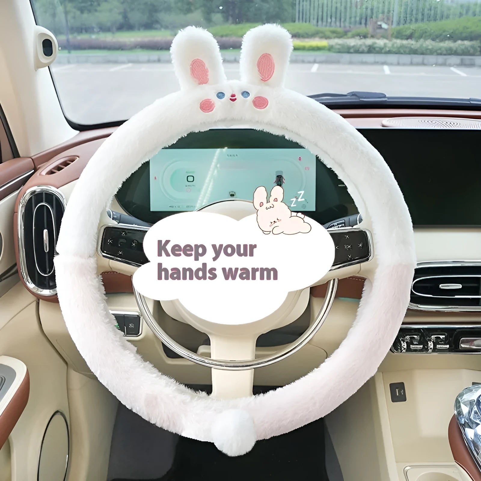 Plush thermal car steering wheel cover with embroidered cartoon panda design, shown fitted on a 38cm wheel.