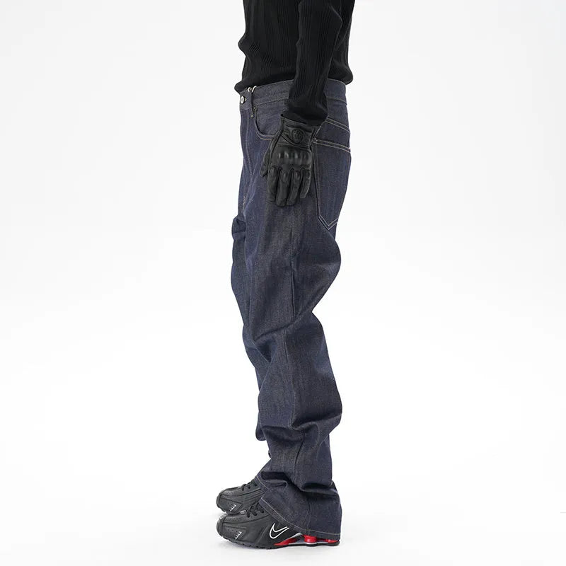 Men's dark blue loose straight leg jeans with original cattle wash on denim fabric