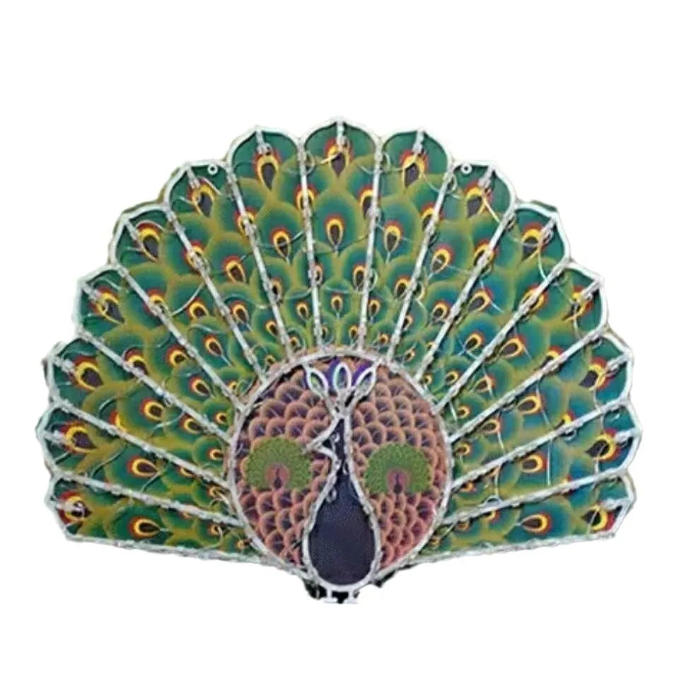 Outdoor Christmas string lights with peacock, heart, sunflower, and star shaped LEDs.
