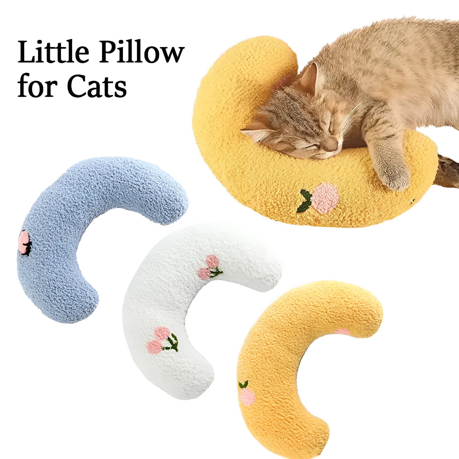 Small U-shaped plush pillow for cats and small dogs in blue, showing quilted faux fur texture.