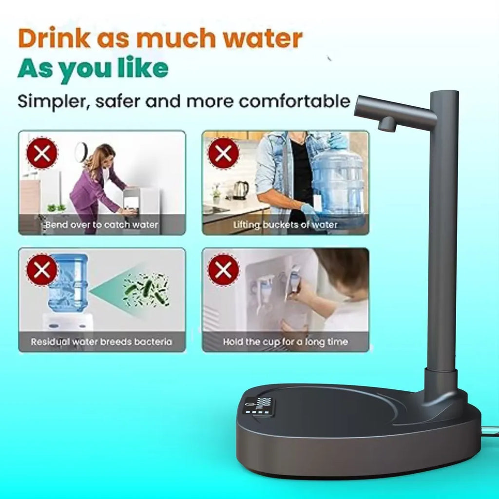 White and blue rechargeable desktop water dispenser pump with LED display on a water bottle.