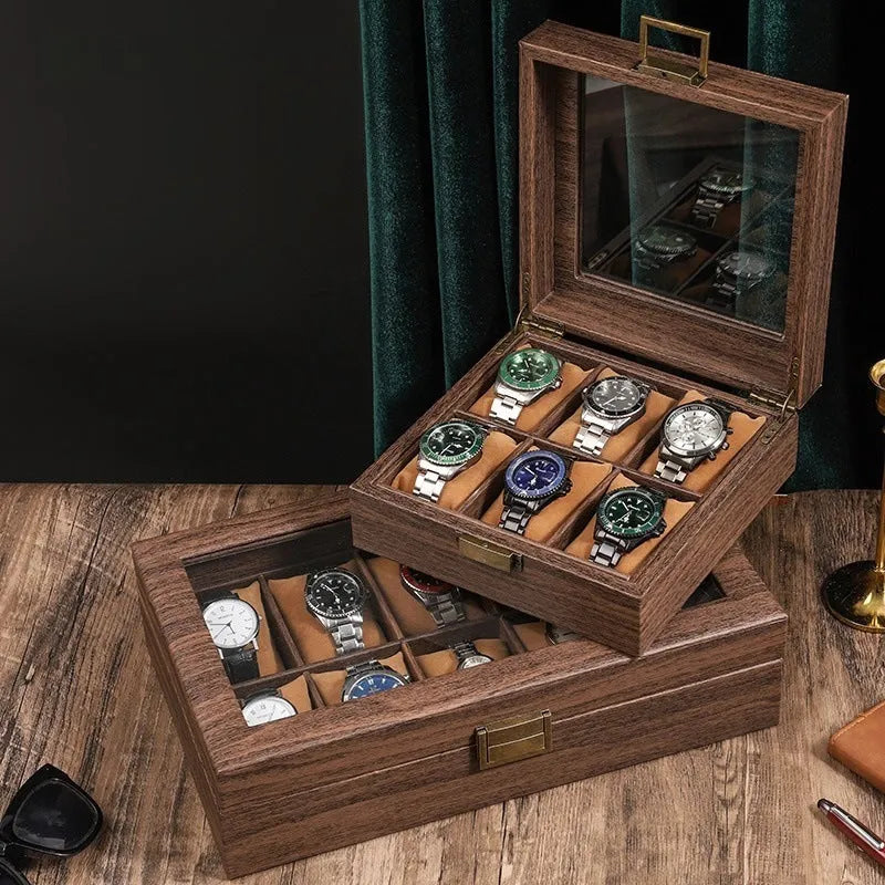 Household portable retro wood grain PU leather watch storage box with soft pillows, MDF shell, and glass finish