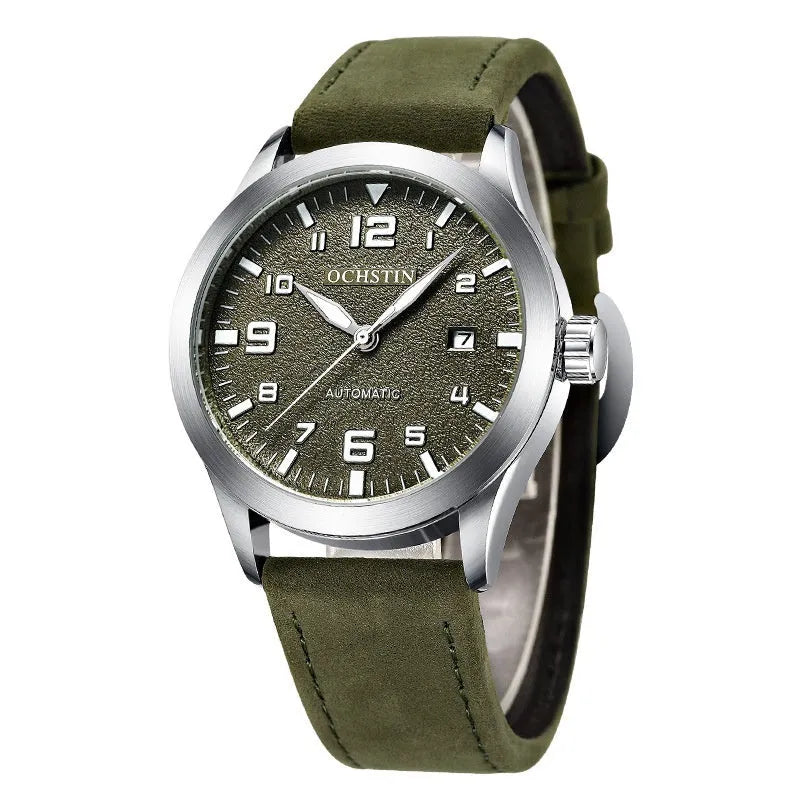 Men's automatic mechanical watch with leather strap on wrist, showing silver case and army green dial option.