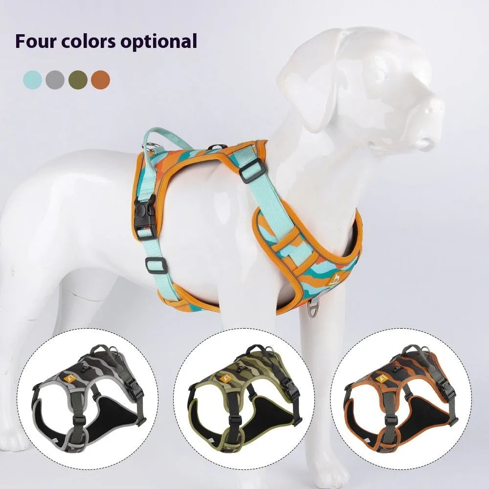 Adjustable dog leash with reflective strips on the chest and back harness, made from orange Oxford cloth.