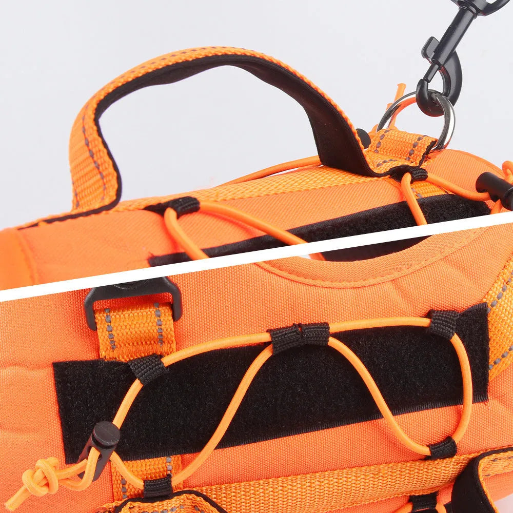 Orange dog harness with reflective trim, showing the explosion-proof chest strap and attached black hand-holding rope.