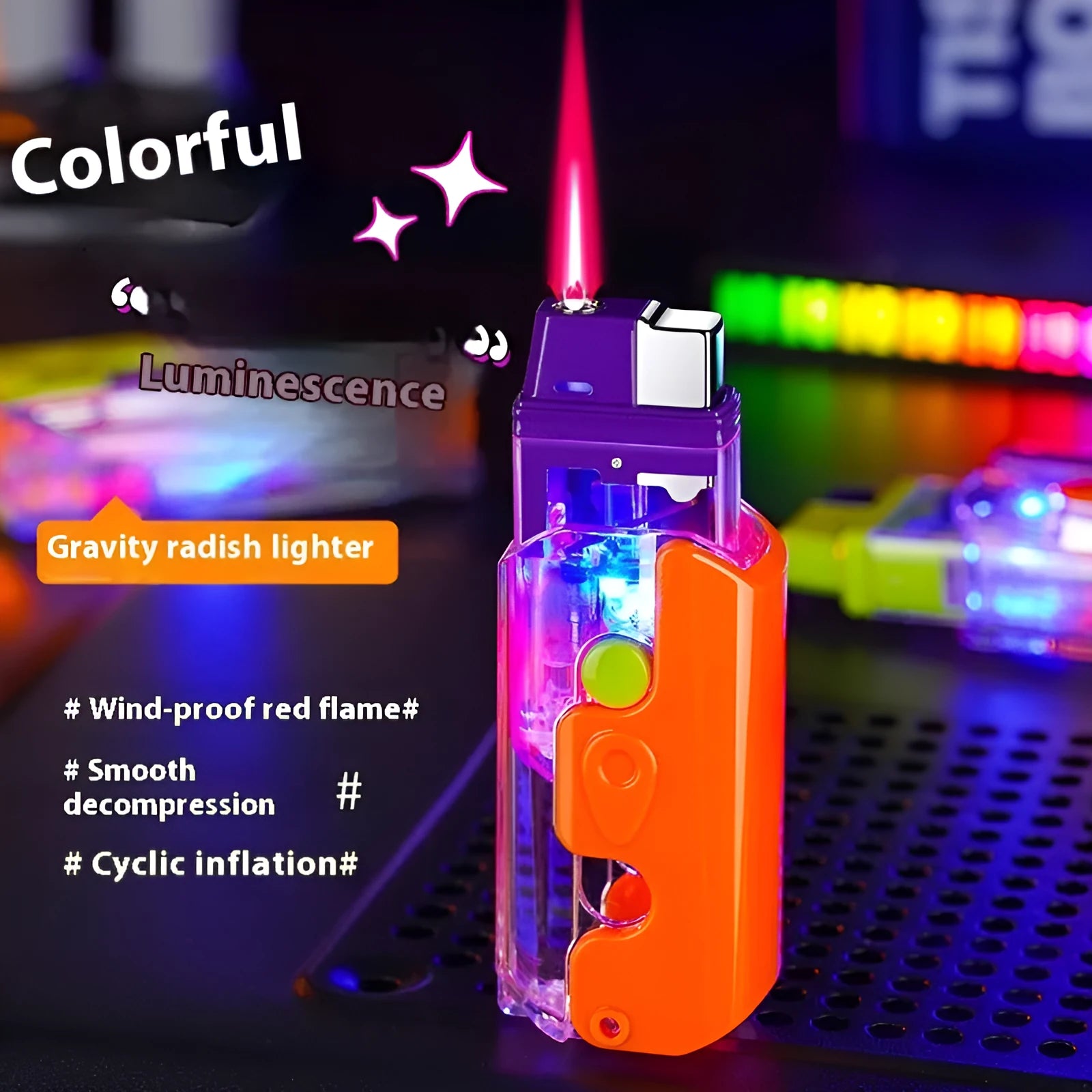 Colourful luminous radish design windproof plastic lighter in green, orange and purple options