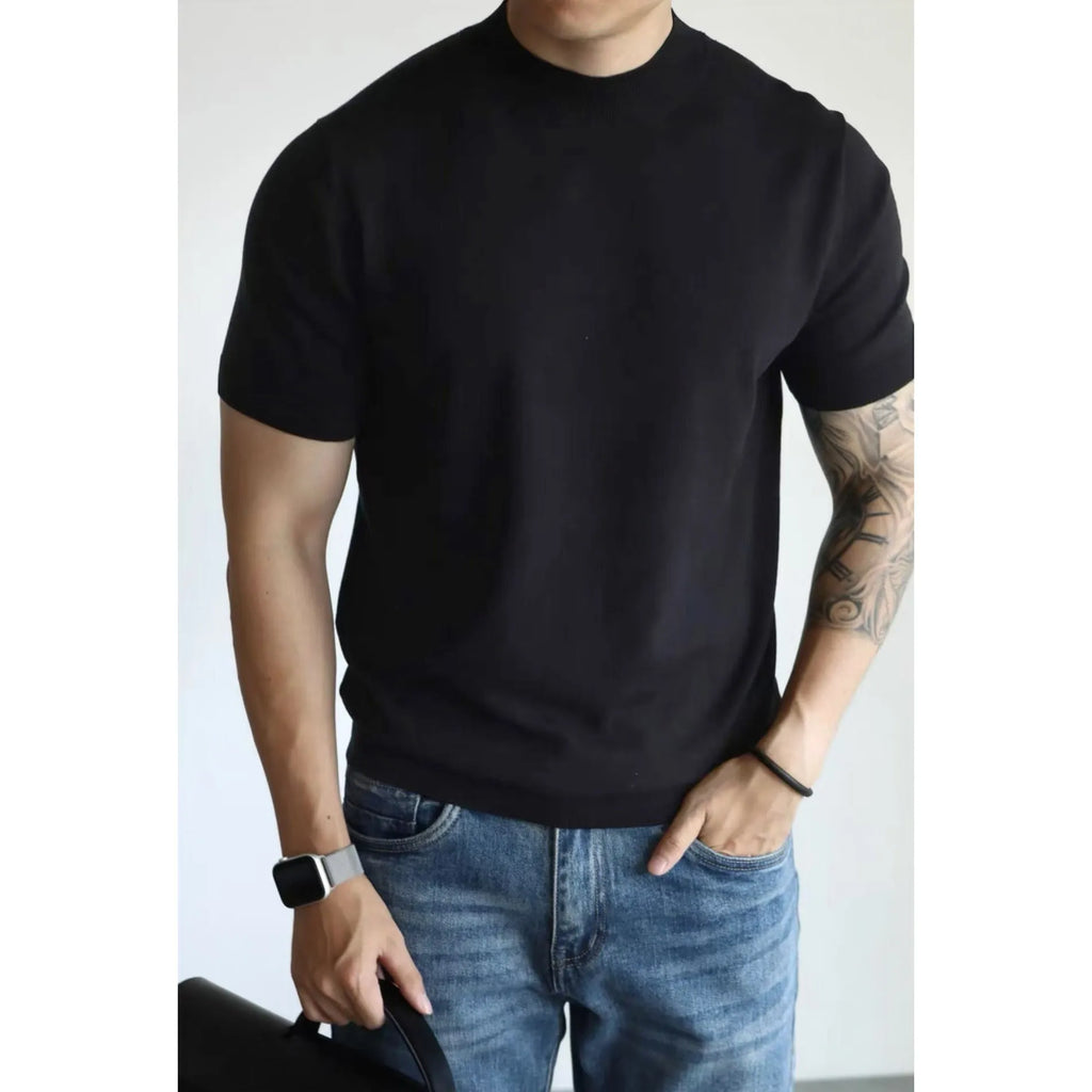 Men's slim-fit polyester T-shirt in solid colour options including white, black, grey, caramel, camel, coffee, navy, and wine red.