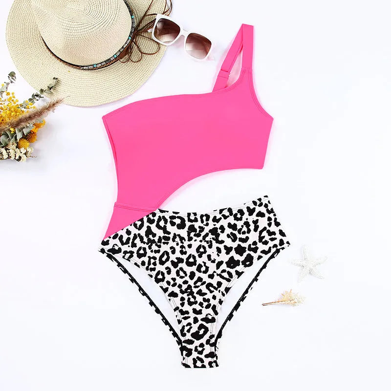 Women's rose red leopard print one shoulder backless high waist one piece swimsuit on mannequin