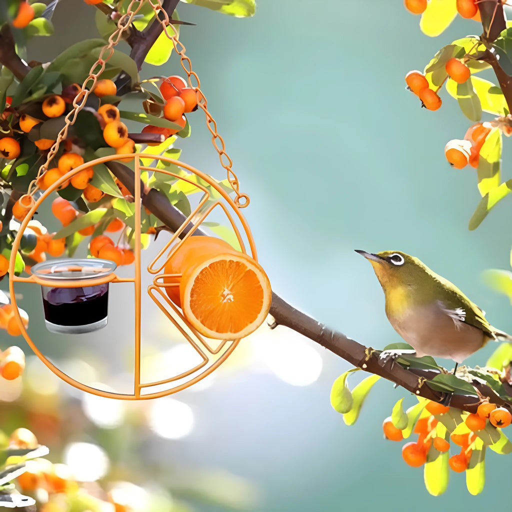 Hanging metal bird feeder in orange colour, iron construction, 20x7x20 cm, with open top hook for outdoor hummingbird feeding