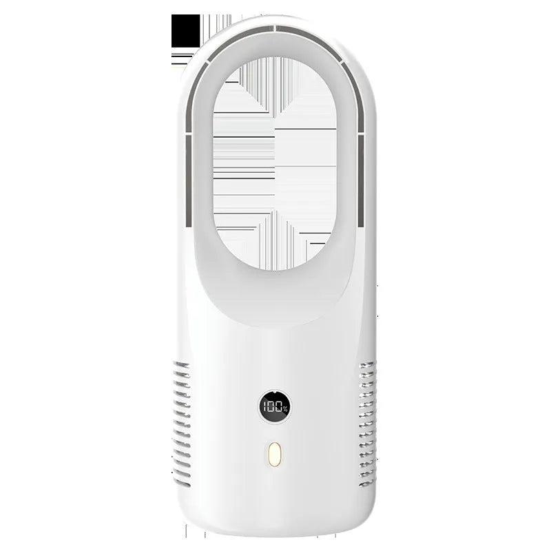 White USB rechargeable bladeless desktop fan with LED display on a wooden desk.