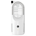 White USB rechargeable bladeless desktop fan with LED display on a wooden desk.