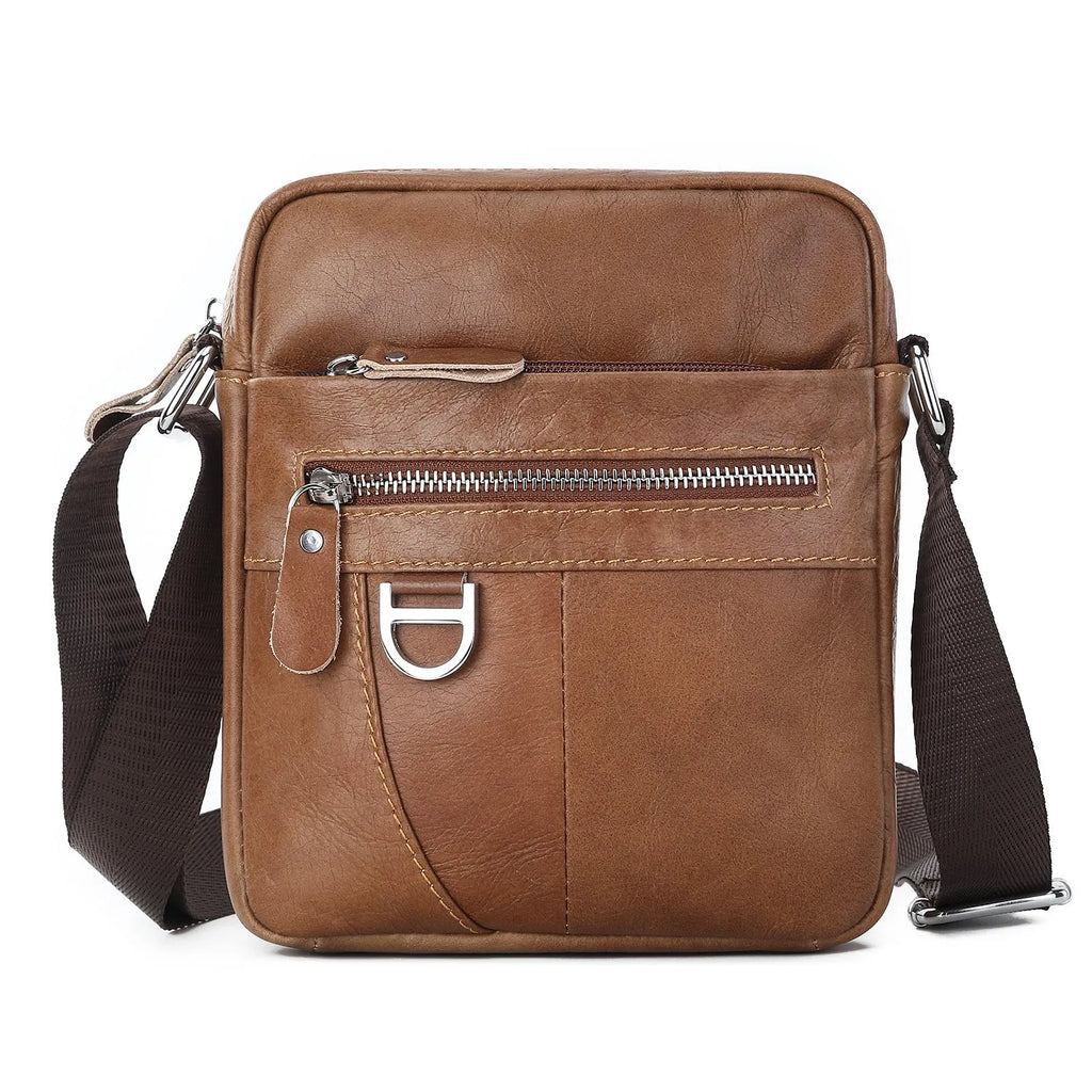8 inch black shoulder messenger bag made from genuine cowhide leather with visible sewing lines