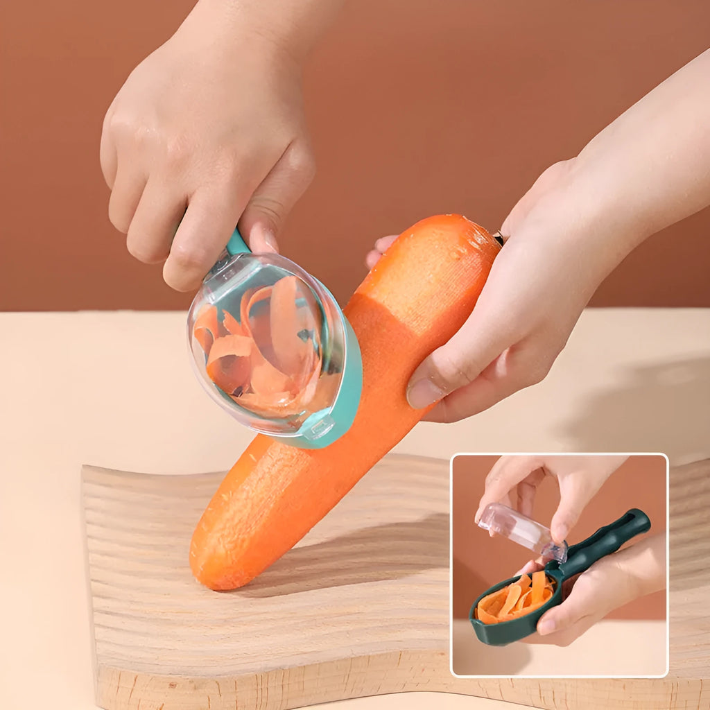 Yellow peeling knife with protective storage lid for fruit and vegetable preparation