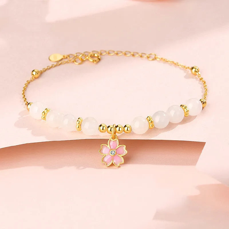 Pink S925 silver bracelet with cherry blossom pendant and Hetian jade beads
