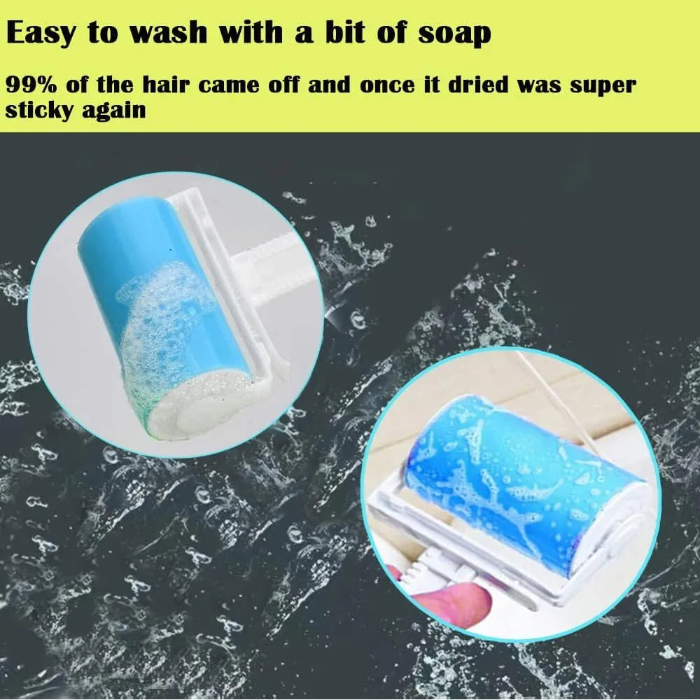 Washable reusable lint roller with cover in blue, green, pink, or yellow colours for pet hair removal