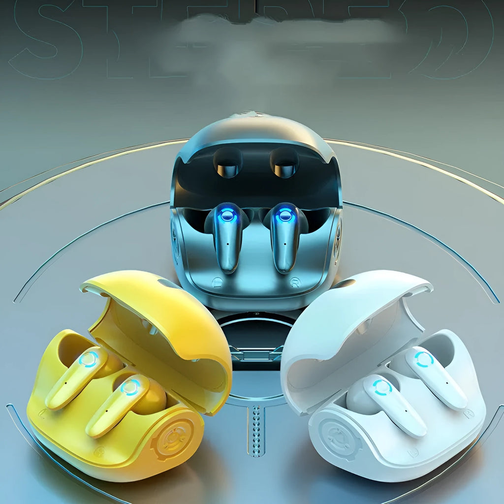 TWS gaming Bluetooth wireless headset in black, white or yellow colours with USB charging cable