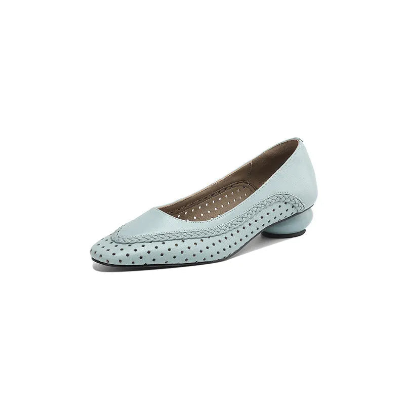 Women's shallow mouth hollow-out round toe mid heel sandals in sheepskin with beef tendon sole