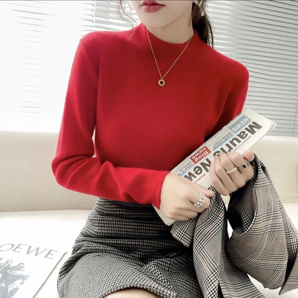 Slim fit viscose long sleeve top for women in apricot colour, showing front view.