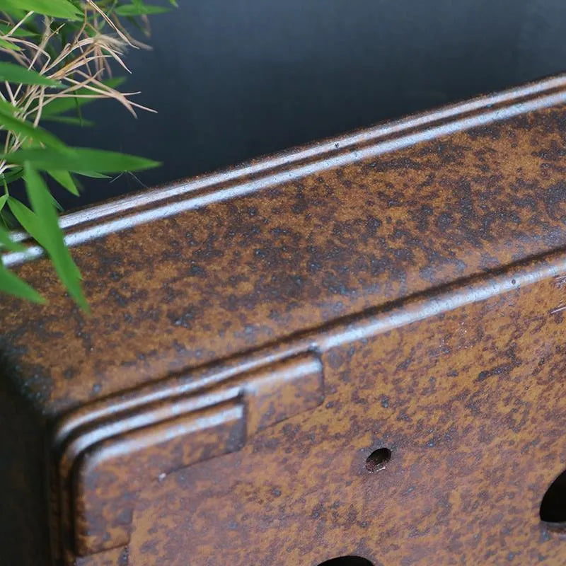 A rectangular purple sand bonsai pot with a textured firewood burning pattern, shown in two sizes.