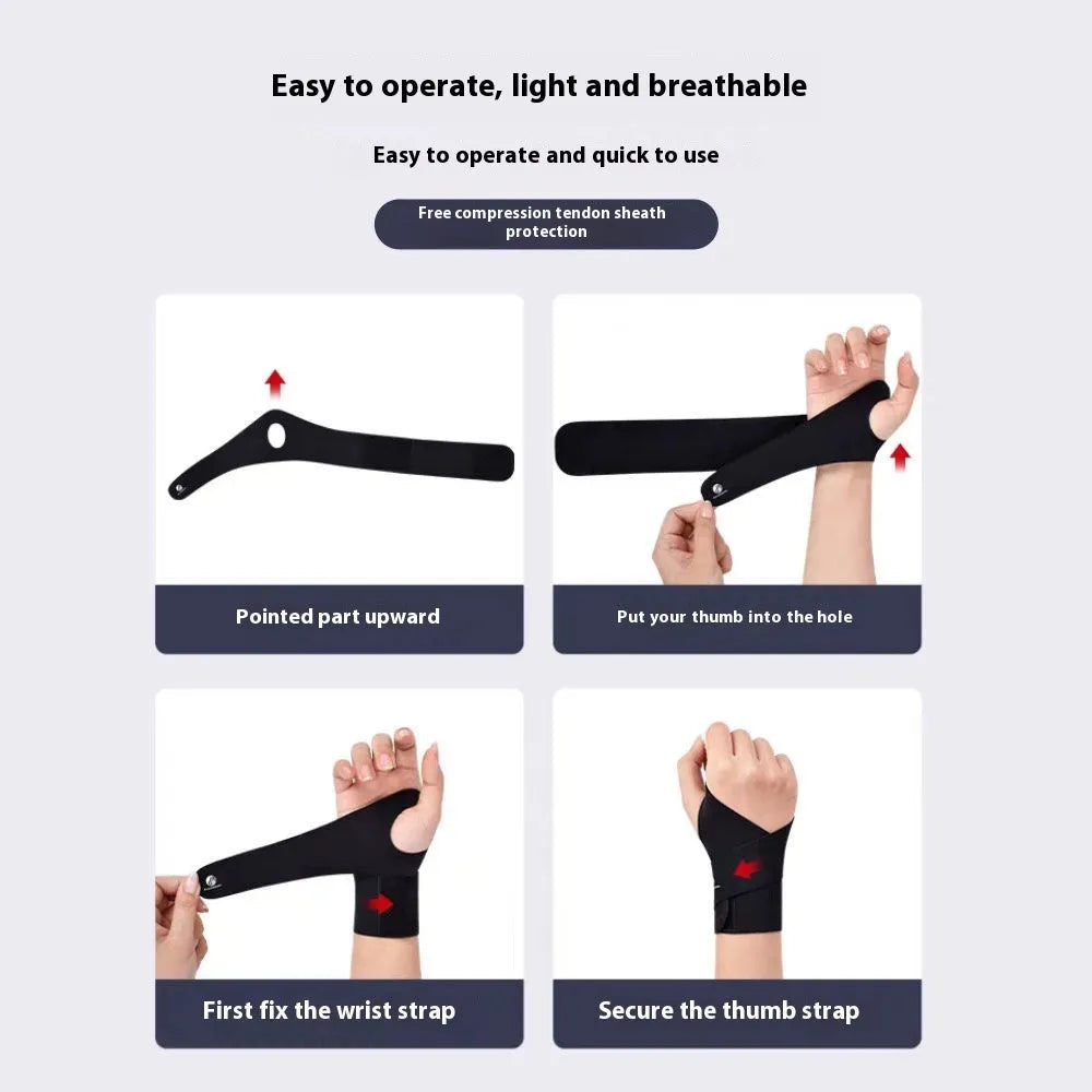 Adjustable black athletic wristguard for wrist support during sports like tennis and badminton.