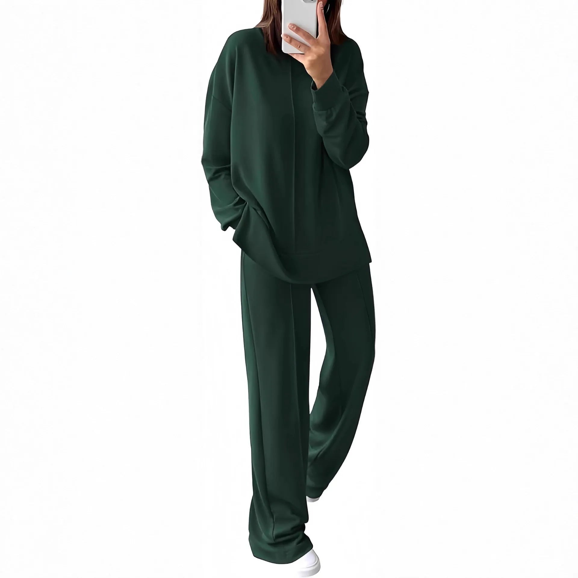 Women's long sleeve polyester jogging suit in army green, showing the full two-piece set.