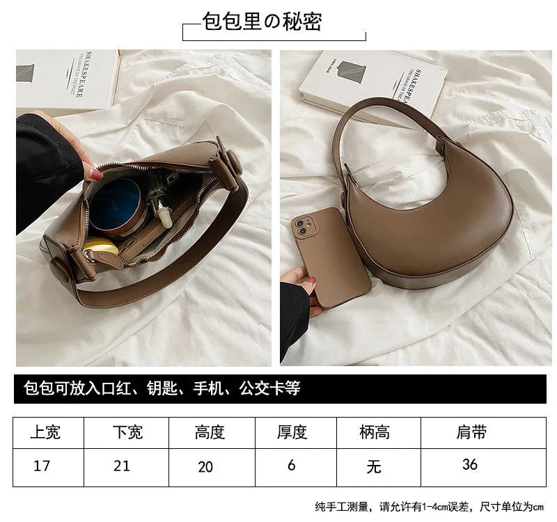 Women's retro dumpling-shaped shoulder bag in PU leather showing internal zipper pocket.