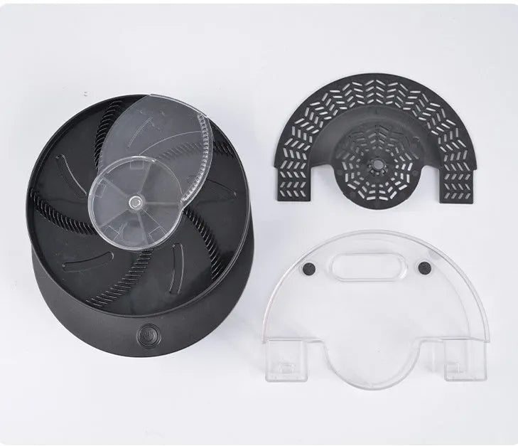 Black and white electric fly trap machine with a removable cage and enlarged bait trough, shown in plug-in and USB-rechargeable styles.