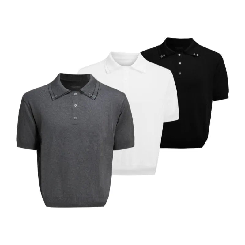 Men's double collar short sleeve polyester shirt in loose fit showing lapel detail