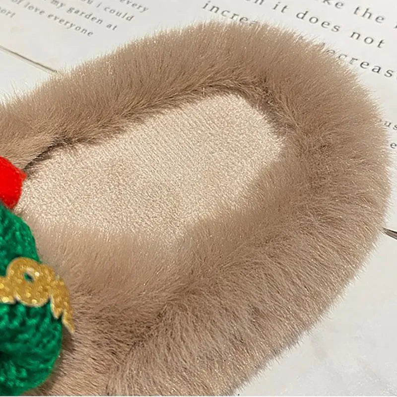 Women's Christmas hat slippers in faux plush, shown in black, khaki, and white colour options.