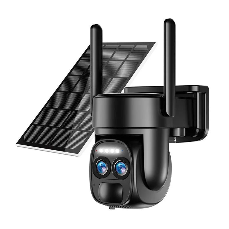Solar panel security camera with 8x zoom lens for home surveillance.
