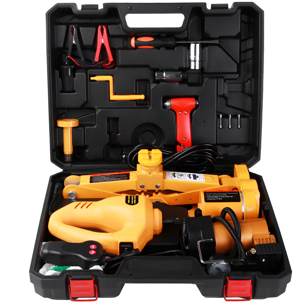 Yellow steel car electric jack set with electric wrench for vehicle tyre changes and maintenance
