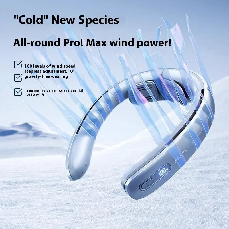 Silver grey hanging neck portable bladeless fan showing button controls and modern minimalist design