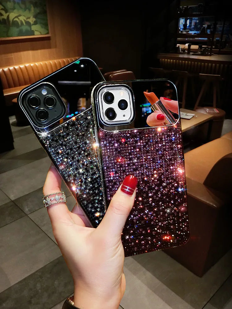 Gradual rhinestone silicone protective case for iPhone in gradient blue colour with sparkle pattern