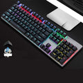 GK410 mechanical keyboard with 104 keys and backlit keys on a desk.