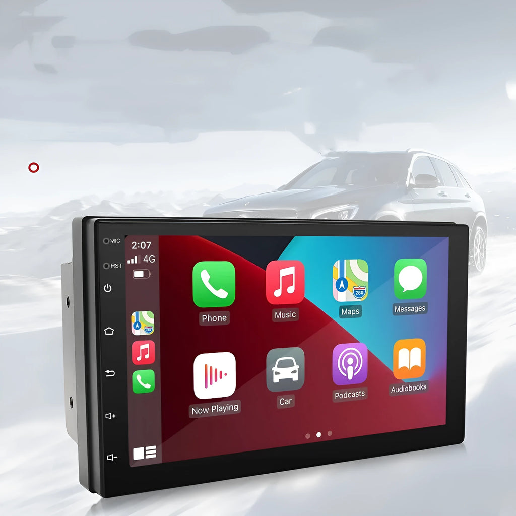 Black universal car MP5 player with 7-inch touchscreen showing GPS navigation maps and CarPlay interface