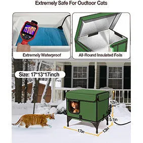 Green foldable cat cage with removable cloth cover, shown in a garden setting.