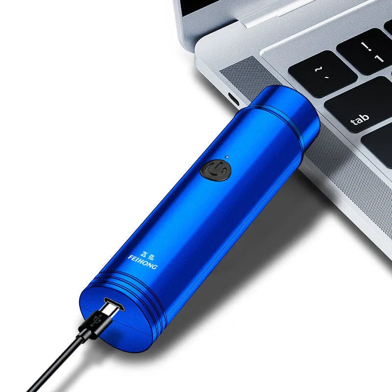 A black or blue mini portable electric shaver with a detachable rotary head and USB charging cable.