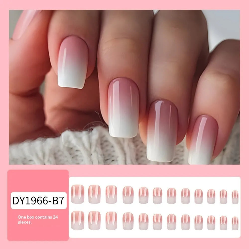 Pink and white gradient detachable nail stickers with starry sky pattern on hands showing medium European square shape